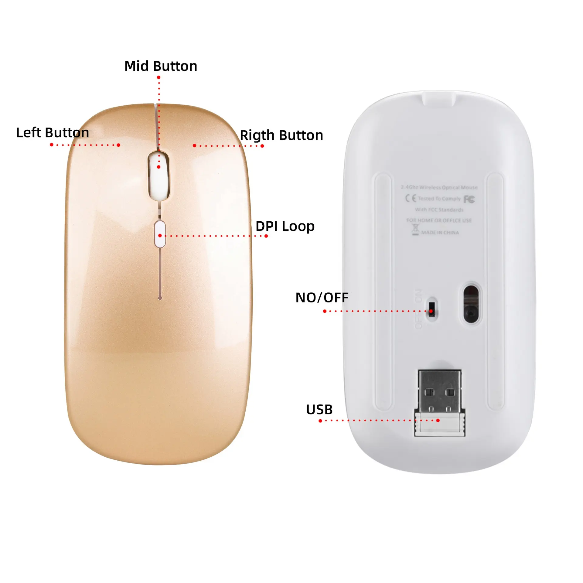Mouse Mini Tanpa Kabel 2.4Ghz Optikal, Tetikus Nirkabel Senyap dengan Kabel Pengisian Daya Usb untuk Desktop Laptop
