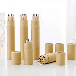 Grosir pensil warna Mini 3.5 inci kertas Kraft tabung kayu daur ulang 12 buah Set pensil warna jumlah besar dalam kotak tabung