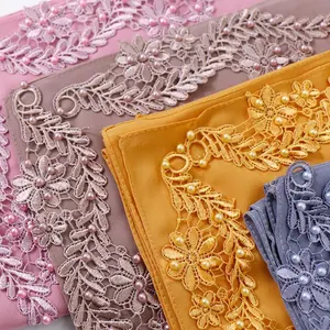 New Design High quality Breathe Premium New Embroidered Bead Pearl Chiffon Flower Women's Head Scarf Malaysia Shawl Scarf