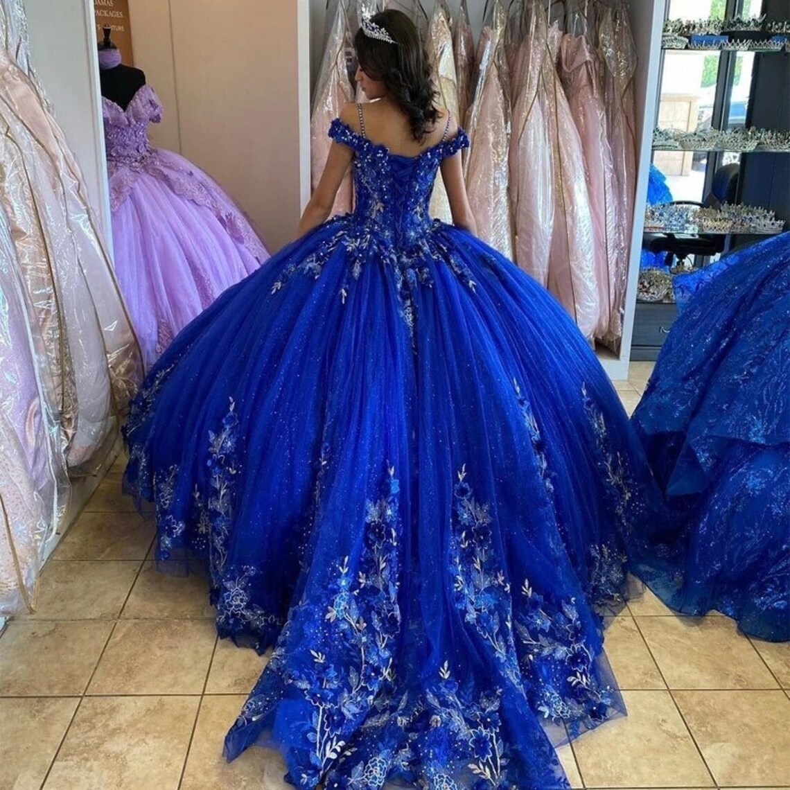royal blue and purple wedding dress Long Sleeve Tulle Lace Appliques Luxury this gown captures the beauty of Rococo fashion Royal Blue Blue Wedding Dress