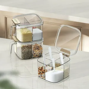 Caixa de tempero doméstica com colher para sal e açúcar, uma caixa multifuncional de grade