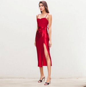 Abiti da sera da donna di fascia alta in pizzo rosso Maxi abito <span class=keywords><strong>con</strong></span> spacco frontale e cintura elegante Casual per feste o eventi serali - Product Image 2
