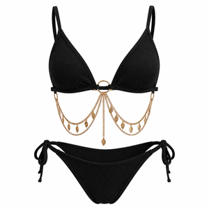Plunge <b>Bikini</b> Swimsuit <b>Set</b> Ribbed <b>Triangle</b> Bra Thong Beachwear for Women - Product Image 5