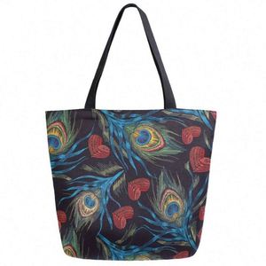 Sac fourre-tout chic et élégant en toile à motif plumes de paon, grand format, imperméable, écologique, avec fermeture éclair, doubles poignées, durable - Product Image 1