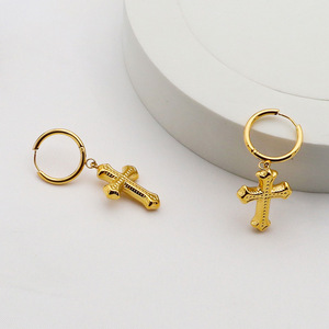 Cross Pendant Earrings Steel Gold Geometric Design Women's Fashion Dangle Earrings - Product Image 2