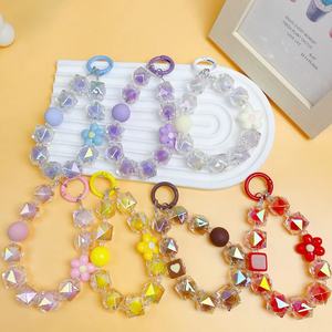 Trendy Candy Color Beaded Keychain Geometric Diamond Flower Pendant for Cellphone Handmade Phone Lanyard Bow Keychain