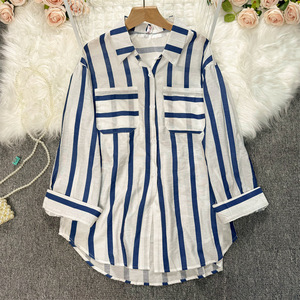 Diskon besar musim gugur baru mantel garis vertikal panjang kemeja wanita Korea kasual kerah longgar serbaguna blus wanita 2024 - Product Image 5