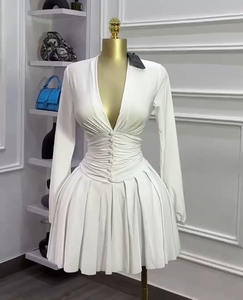 Vestido de Manga Larga para Mujer Truen con Cuello en V Plisado, Cintura Ajustada y Efecto Adelgazante, Patrón Sólido, Falda Corta Plisada - Product Image 6