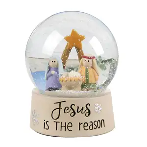 Custom Baby Boy Glass Snow Globe Jesus is The Reason Snow Globe with Holy Family, Small, Light Colored