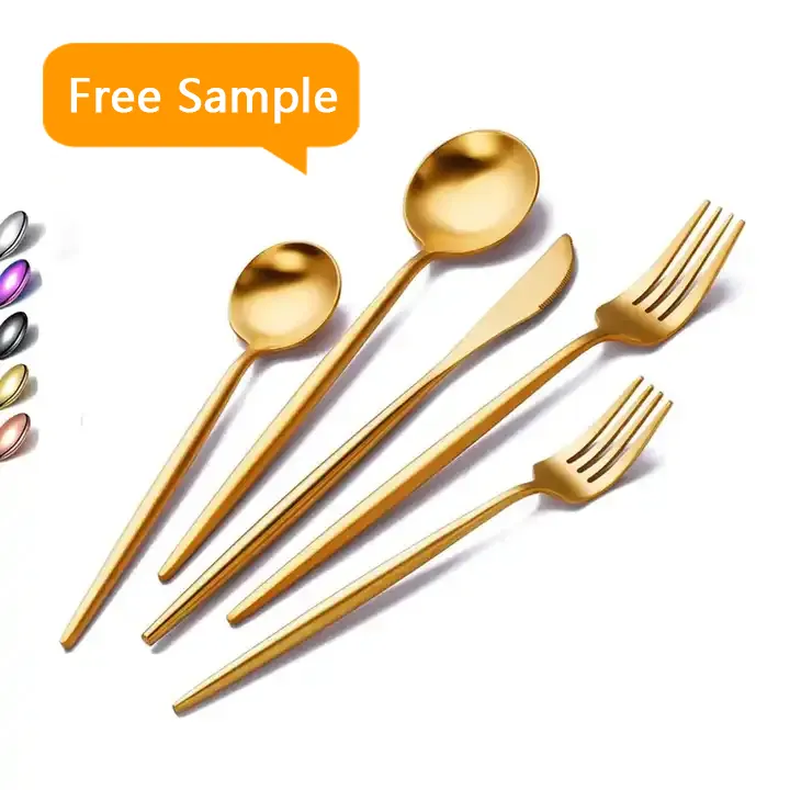 Portugal Gold Plated Matte Flatware Bulk Spoons Forks And Knife Stainless Steel Gold Portugal Cutlery Set For Wedding