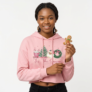<b>Women's</b> Pink <b>Christmas</b> Crop Hoodie with Custom Logo & Design Printed Casual Holiday Streetwear Hooded <b>Sweatshirts</b> - Product Image 3
