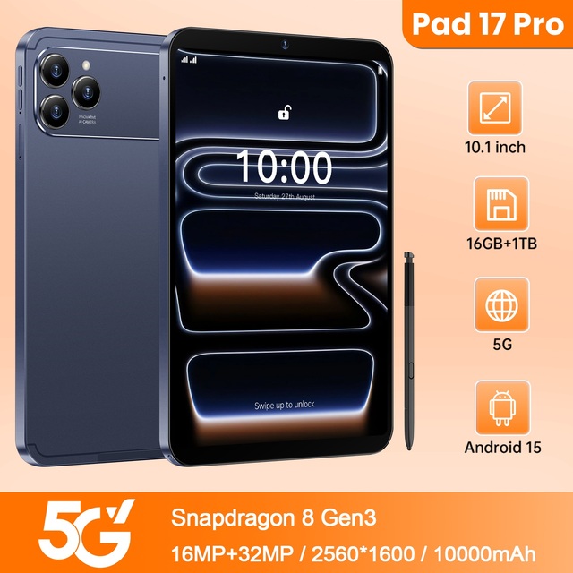 New Factory Price Pad 17 Pro WiFi Tablet 10.1 Inch Large Screen Android 15 MTK Processor 16GB RAM 1TB ROM Dual SIM
