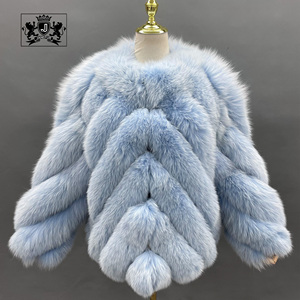 Manteau en fourrure de renard véritable bleu, chaud et luxueux, nouvelle conception Janefur, pour femmes, taille plus, manteau en fourrure court pour l'hiver - Product Image 2