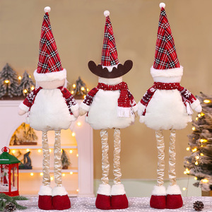 Nouveauté transfrontalière de Noël : Ornements rétractables en polyester, figurines Père Noël, bonhomme de neige et renne à longues jambes, motif écossais rouge - Product Image 2