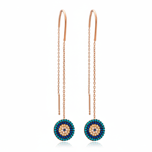 <b>Threader</b> Long <b>Earrings</b> Turquoise Stone Turkish Handmade Rhodium & Gold Plated Trendy Gift 925 Sterling Silver Jewelry - Product Image 2