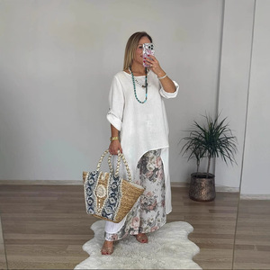 Women's Casual Cotton <b>Linen</b> <b>Set</b> Long Top Wide Leg Pants With Pockets Green Gray Beige Pink Yellow White S M L XL 2XL 3XL - Product Image 3