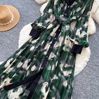 Robe décontractée pour femme WIWT, élégante, à imprimé encre, manches longues, col chemise, coupe trapèze, avec ceinture, pour un usage quotidien