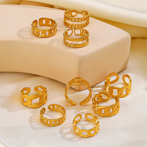 Magnifique <span class=keywords><strong>bague</strong></span> chaîne cubaine épaisse ouverte réglable en acier inoxydable plaqué or 18 carats <span class=keywords><strong>pour</strong></span> femmes - Product Image 2