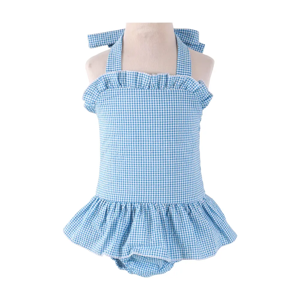 RTS Summer baby girls one piece swimwear ruffle swimwear stripe seersucker sleeveless swimsuit