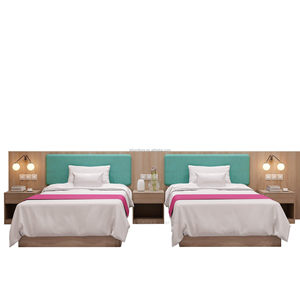 Modern 3 Star Hotel Twin Bedroom Furniture Set with Upholstered <b>Headboards</b> Wooden Platform Bed Frame Integrated And Nightstands - Product Image 1