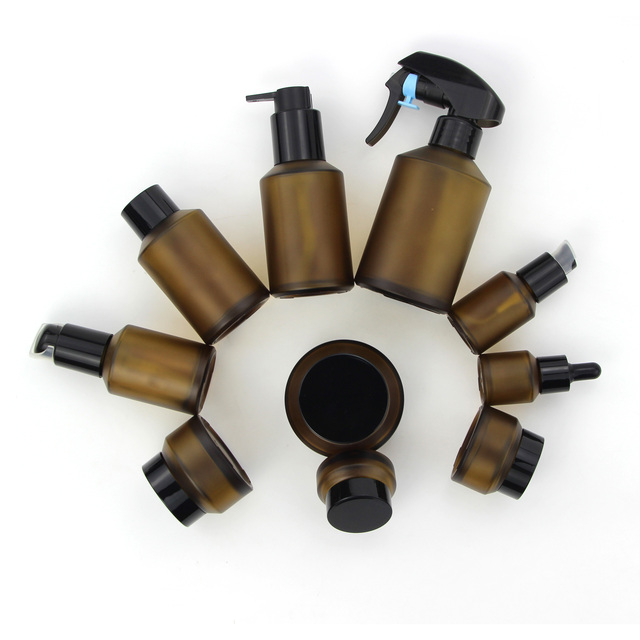 Refillable Glass Cosmetic Packaging Matte Frosted Brown Shampoo Lotion Serum Perfume Bottle and Cream Jars