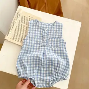 Ins Summer Baby Baby Boys and Girls Baby Small Plaid Pocket Vest Cotton Hare Clothes Sided Triangle Climbing Suit