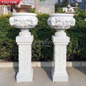 YOUFINE Coppia di Urne Decorative in Marmo Bianco Naturale con Rilievo di Cherubini e Fiori, Vaso in Pietra Intagliata a Rosa con Piedistallo Quadrato per Giardino e Villa - Product Image 4
