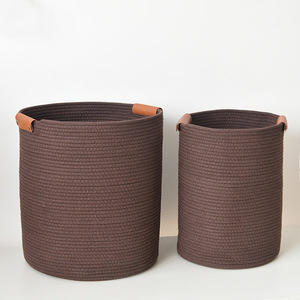 Home cotton <b>rope</b> woven <b>basket</b> <b>storage</b> <b>basket</b> for clothes, sundries, toys, with leather handles, large desktop <b>basket</b> - Product Image 3