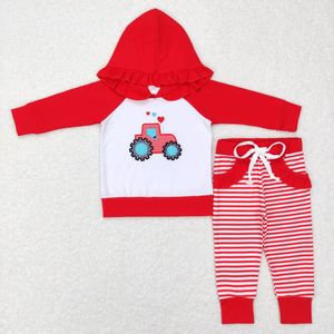 Embroidery <b>Red</b> Truck Lace Strips <b>Hoodie</b> 2 Pcs <b>Girl's</b> Set - Product Image 1
