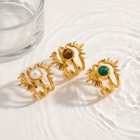 Sunburst Breiter Statement-Ring mit Naturperle, Tigerauge und Malachit, 18K Vergoldeter Edelstahl, Böhmischer Heilschmuck
