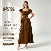 Robe longue plissée à col carré pour femme 2026, manches bouffantes, taille smockée, à nouer devant, élégante robe d'été pour mariage et vacances