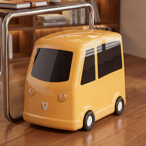 Retro Bus Style Trash Can With Wheels Narrow Slot Push Button Indoor Waste <b>Bin</b> For Living Room Bedroom Kids Room - Product Image 3