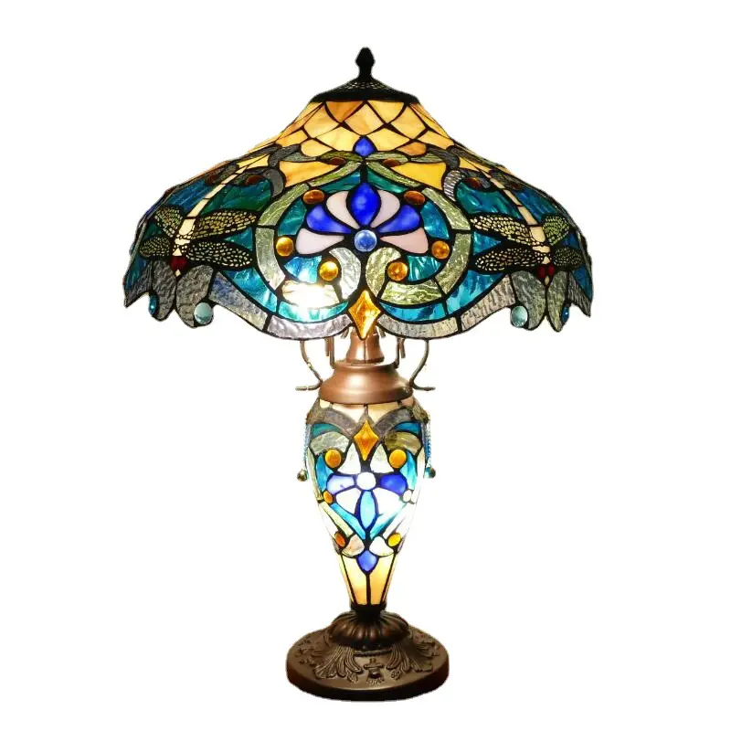 Luxury Classical Tiffany Desk Lamp Dragonfly Mother-December Large Retro Warm Stain Glass Table Lamp for Villa Hotel