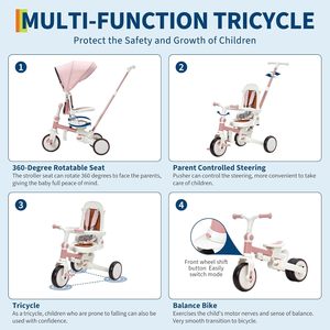 7-in-1 Adjustable Pink <strong>Trike</strong> for Kids Foldable Baby Tricycle Parent <strong>Handle</strong> <strong>Toddler</strong> Safety Harness Wheel Brakes Removable - Product Image 3