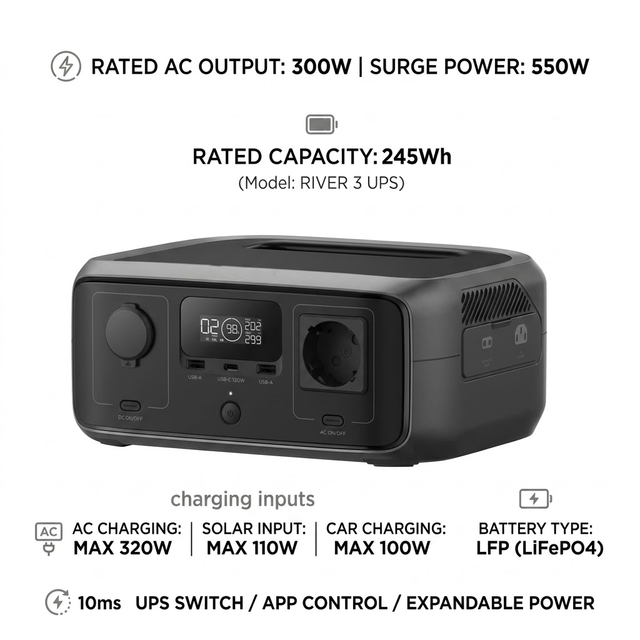 RIVER 3UPS 500W 512Wh Portable Solar Power Station Lifepo4 Inverter Pure Sine Wave MPPT Works Car Solar Panel UK/EU 16.5kg