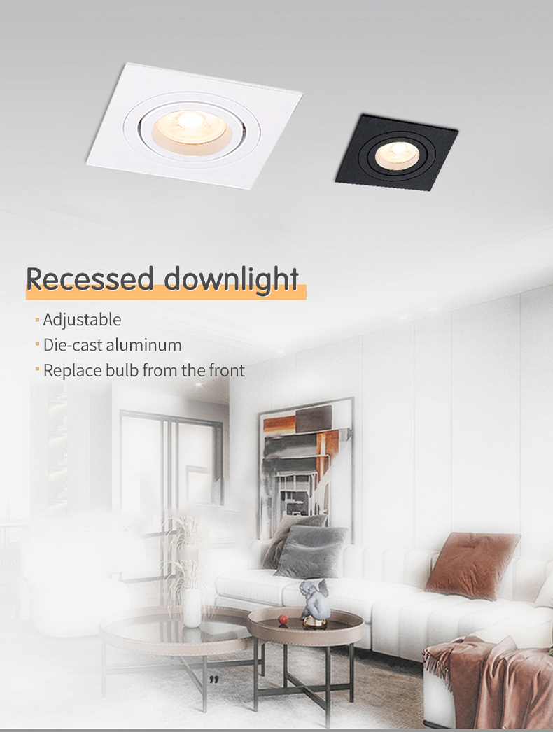 Office Downlight Square Recessed White Die-cast Aluminium Adjustable Gu10
