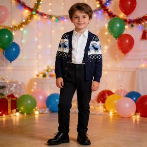 Cardigan de Noël personnalisé en tricot motif <span class=keywords><strong>renne</strong></span>, col en V, boutonné, tenue d'hiver, polyester élasthanne, marque privée, OEM ODM, <span class=keywords><strong>pull</strong></span> pour garçon - Product Image 1