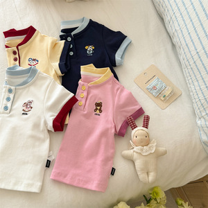 Baby Girls Cotton Henley Collar Short Sleeve T-Shirt Breathable Color Block Summer Top - Product Image 2