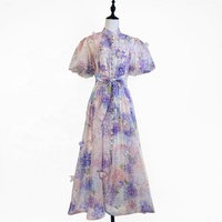 Nouvelle Robe Midi Style Palais à Grande Jupe Évasée, Manches Bouffantes à Fleurs Tridimensionnelles, Série Robes Industrielles de Haute Qualité avec Ceinture