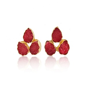 <b>Beautiful</b> Pink Druzy Gemstone Classic Brass Pear Shape Stud <b>Earrings</b> Set for Women's Anniversary Party Wear - Product Image 5