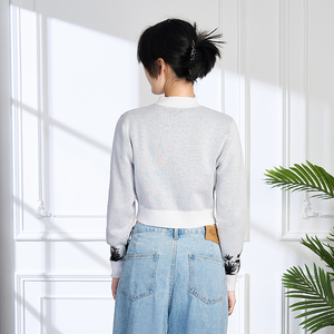 Pull-over à manches longues en coton 100% GOTS de haute qualité, col rond, tricot décontracté pour femmes, haut court à fleurs - Product Image 3