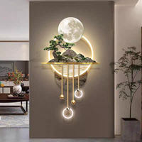 Art mural LED de luxe moderne 3D pin arbre lune vente en gros acrylique matériel lumineux paysage aquarelle papier Base décor peinture