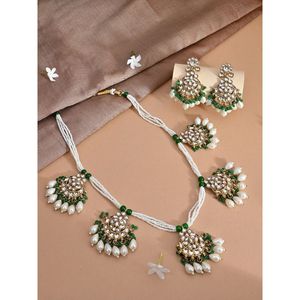 Ensemble collier ras du cou et boucles d'oreilles perles vertes Kundan pour femmes indiennes bijoux pour mariage fête bouddhiste religieux - Product Image 3
