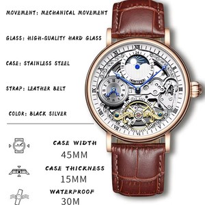 Montre mécanique automatique pour homme KINYUED, multi-fuseaux horaires, bracelet en cuir, phase de lune, étanche 3BAR, aiguilles lumineuses, vente en gros - Product Image 2