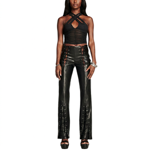 <b>Black</b> Genuine Leather Straight Pants High Waist Lace up Front Full Length Formal Skinny Fit Winter Women's <b>Trousers</b> - Product Image 1