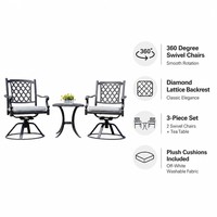 Ensemble de patio extérieur en aluminium coulé noir durable et écologique, chaises pivotantes, table à thé, coussins résistants aux intempéries, utilisation hôtelière
