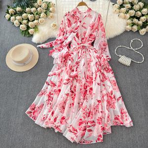 Vestido de Gasa con Estampado Floral Elegante Francés <span class=keywords><strong>para</strong></span> Mujer, Primavera Verano, Casual, Ajustado, Amplio, con Cuello de Lazo <span class=keywords><strong>para</strong></span> Vacaciones - Product Image 5