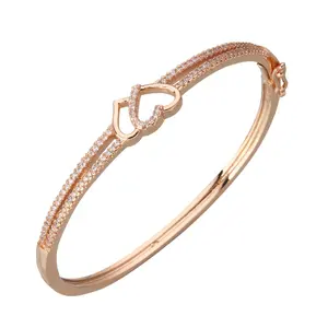 Custom Fashion Jewelry High Quality 18K Rose Gold Plated Brass Bangles Diamond zircon Heart Bracelet Bangles For Women Girls