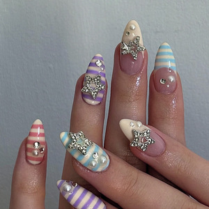 เล็บปลอมอะคริลิค ABS แบบกดติด ลายผีเสื้อ ทรงสติลเลตโต้ แคทอาย บลัช อัลมอนด์ ดีไซน์สวย ปลอดสารพิษ สำหรับนิ้วมือ ขายส่ง - Product Image 3