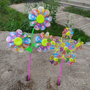 Jouet moulin à vent en plastique avec visages souriants de dessins animés, 6 roues, 3 roues, décoration de jardin extérieur pour enfants de 2 à 4 ans - Product Image 2